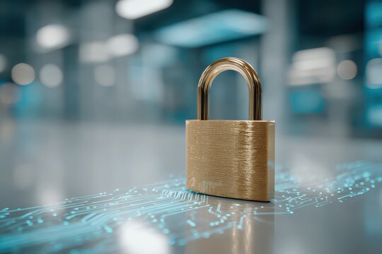 Cybersecurity: Golden padlock securing data on a glowing digital circuit.