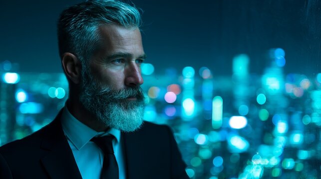 Experienced businessman contemplating city lights, projecting confidence and ambition in a modern, sophisticated urban environment at night.