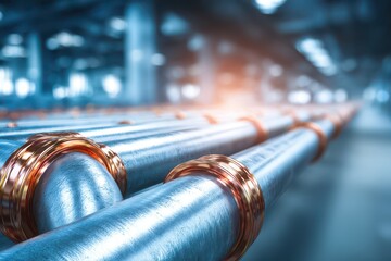 Industrial pipes with bright copper connections in a blurred setting.