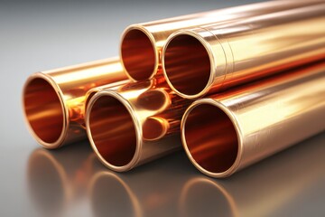Fototapeta premium Shiny copper pipes, stacked on a reflective surface, for industry and plumbing.