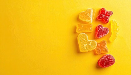 Assorted Gummy Candies Shaped Like Hearts And Bears In Various Colors With Sugar Sprinkles On A Bright Yellow Background With Copy Space