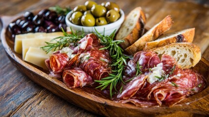 A beautiful charcuterie board displays rich meats creamy cheese olives and toasted bread ready to enjoy.