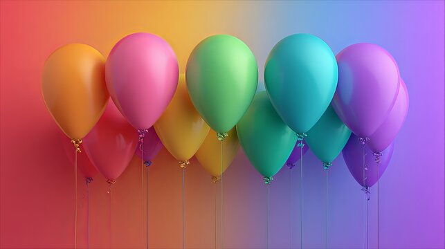 Vibrant balloons float against a colorful gradient background, perfect for celebrations and festive events.