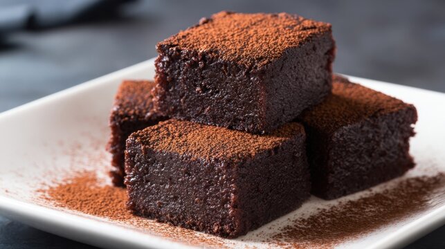 Rich fudgy brownies are beautifully arranged on a plate dusted with cocoa powder for elegance.