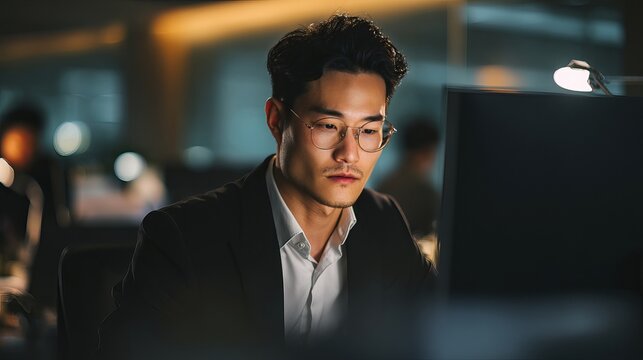 Focused businessman concentrating intently on his computer screen in a modern, low-light office environment - Powered by Adobe