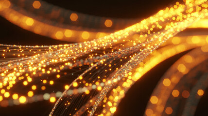 Glowing optical fibers represent digital communication and data transfer in modern networks. Hyperrealistic 3D rendering illustrating high-speed connectivity, technology, and innovation in a futuristi