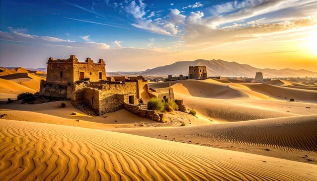 Ancient stone ruins stand bathed in the warm golden light of a desert sunset casting long shadows across rippling sand dunes under a clear blue sky.