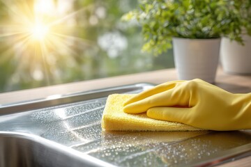 Person in yellow glove diligently scrubbing a kitchen sink with a sponge.