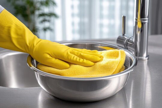 Hand in yellow glove cleaning a stainless steel bowl with a yellow microfiber cloth in a modern kitchen.