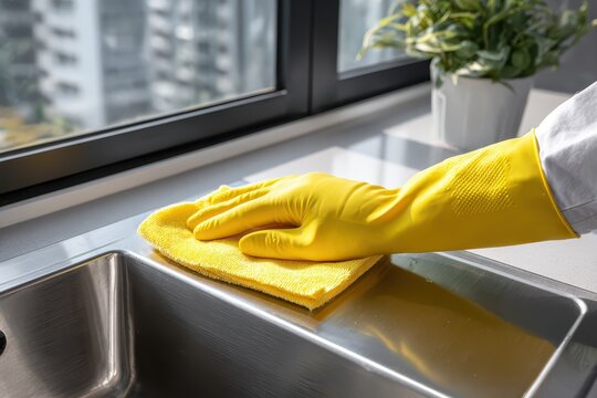 Professional cleaning of a modern kitchen counter with a yellow gloved hand. - Powered by Adobe