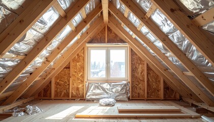 Attic Interior With Wooden Beams and Window Sunlight Streaming Through In The Construction Phase