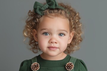 toddler girl with curly blonde hair blue eyes wearing green knit dress bow holding pinecones studio grey background