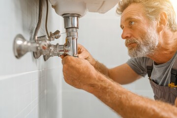 Experienced plumber fixing leaking pipes under a bathroom sink with precision.