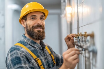 A smiling worker in a yellow hard hat adjusting industrial valves on a tiled wall.