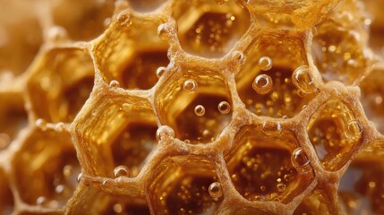 Viscous golden honey drips from intricate honeycomb cells, capturing natural sweetness and organic textures for premium food and beverage branding
