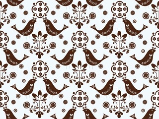 Cartoon seamless background in blue and white for kids. Seamless texture tile with vintage motives.
Cheerful regular pattern for children with birds. Blue and white design for printing.