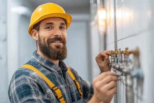 A smiling worker in a yellow hard hat adjusting industrial valves on a tiled wall.