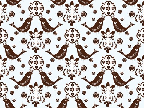 Cartoon seamless background in blue and white for kids. Seamless texture tile with vintage motives.
Cheerful regular pattern for children with birds. Blue and white design for printing.