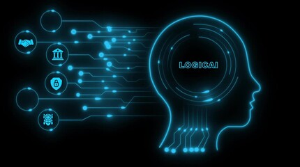 Artificial intelligence brain network connections abstract technology concept glowing blue lines forming human head profile with icons for finance security partnership and robotics data flow - Powered by Adobe