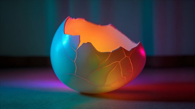 Stunning cracked eggshell glows with vibrant orange light, symbolizing new beginnings and creative breakthroughs in a moody setting