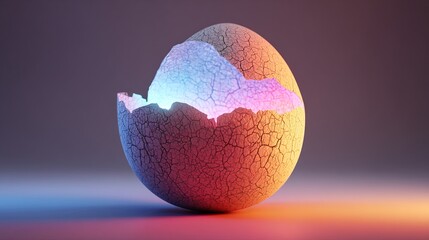 Mysterious glowing egg cracks open revealing vibrant, ethereal light, symbolizing new beginnings and creative sparks.