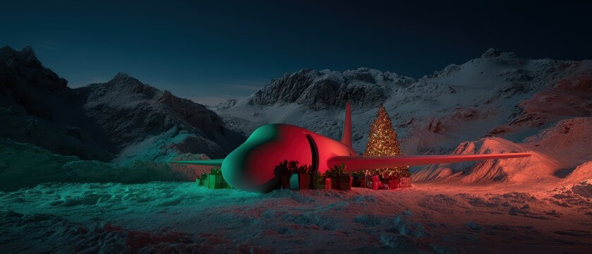 Festive plane in snowy mountain magic