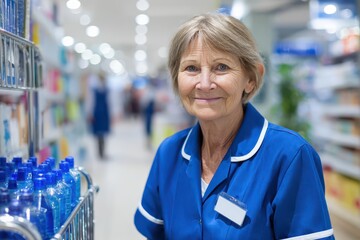 A kind senior nurse in blue uniform smiles professionally in a clinic.