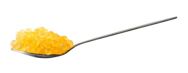 side view of trout yellow caviar in spoon cutout