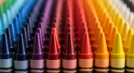 Close-up of color crayons arranged in spectral order, representing artistry, education, and the diverse range of creative expression