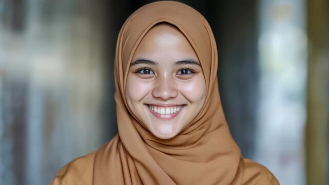 Young lady wearing hijab and smiling at camera with joy.