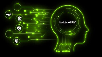 Neon green digital brain network data mind artificial intelligence concept with handshake bank security and robot icons connected by glowing circuits on black background - Powered by Adobe