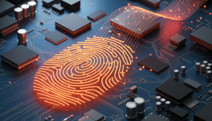 Footprint data on electronic circuit. Digital footprint on computer motherboard. Concept of digital identity with microchips, network connection, data stream. Internet security. Personal data