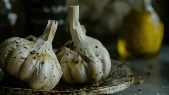Three garlic cloves are on a plate. One of the garlic cloves is cut in half. The other two garlic cloves are whole