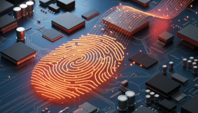 Footprint data on electronic circuit. Digital footprint on computer motherboard. Concept of digital identity with microchips, network connection, data stream. Internet security. Personal data 