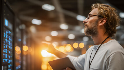 Professional man analyzing data in a modern server room