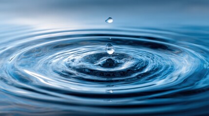 A single droplet of water falls onto a smooth surface, causing concentric ripples to form. The clear blue background reflects natural light, enhancing the serene atmosphere.