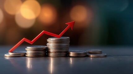 Growth in Finance With Rising Graph Over Stacked Coins in a Blurred Background