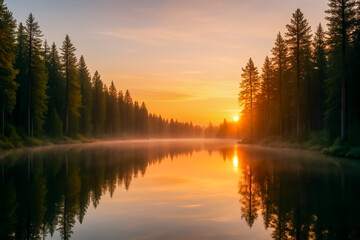 Serene sunset over tranquil lake surrounded by tall trees