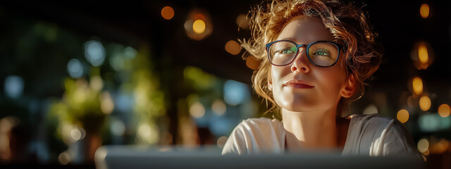 Thoughtful young woman with glasses in a cozy cafe setting