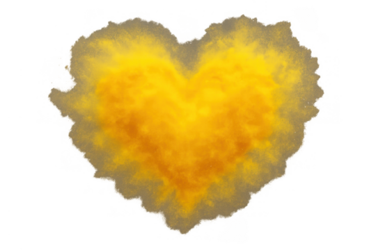 Expressing love and passion with vibrant yellow and orange smoke forming a romantic heart shape on transparent background