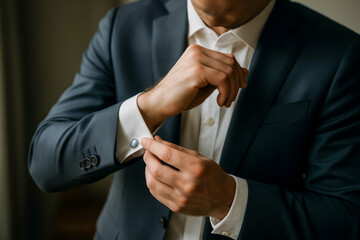 Man adjusting cufflink while wearing a stylish suit jacket