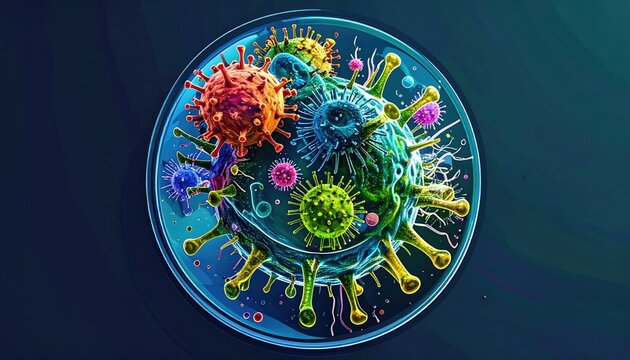 Abstract representation of a virus with multiple colorful spikes and particles in a circular petri dish against a dark blue background - Powered by Adobe