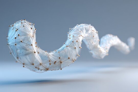 Abstract 3D rendering: Intricate translucent helix with glowing fibers