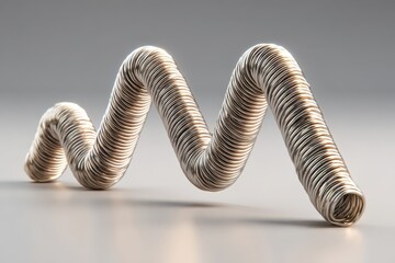 Shiny metallic flexible corrugated pipe in a wave shape on a gray background.