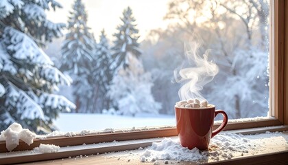 Cozy Red Mug Filled With Hot Chocolate And Marshmallows Steaming On A Snowy Window Sill With Winter Forest Background