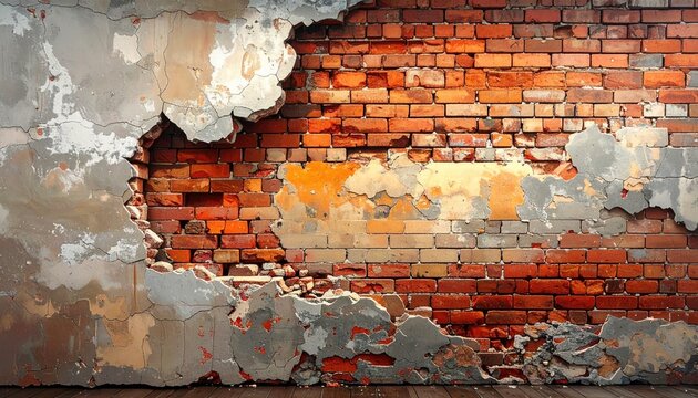 Cracked Red Brick Wall With Peeling Plaster Texture And Grungy Surface - Powered by Adobe