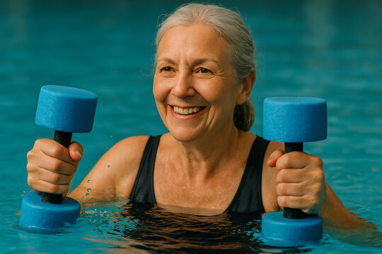 Senior woman exercising with aqua weights in a swimming pool