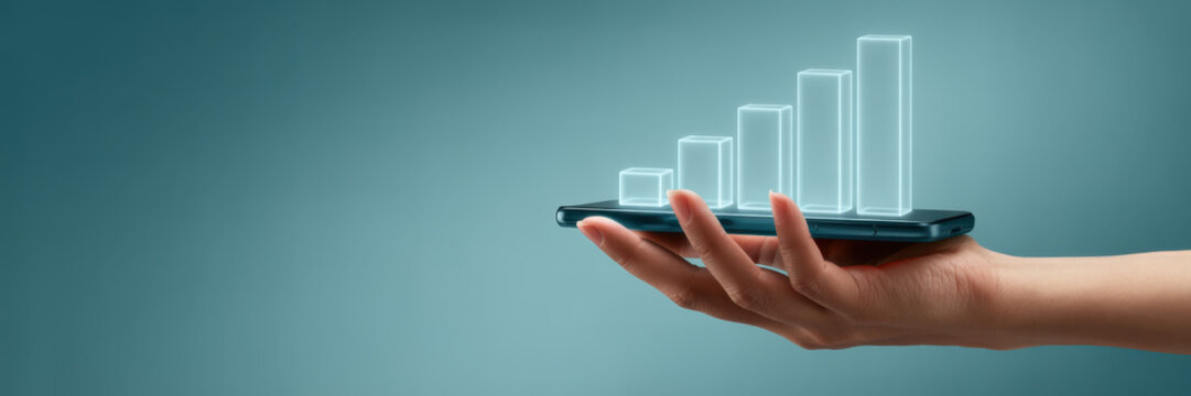 Hand holding smartphone with holographic expanding building models rising from the screen, visualizing smart city growth, real estate investment, urban development and digital infrastructure - Powered by Adobe