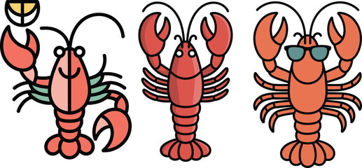 Cute lobster drawing collection in red poses with big claws