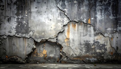 Cracked Concrete Wall with Peeling Plaster and Rust Stains Detailed Texture Background